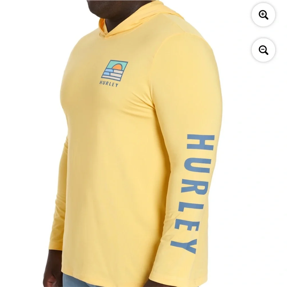 Hurley Pale Yellow Long Sleeve Hoodie Tee with Beach Graphic